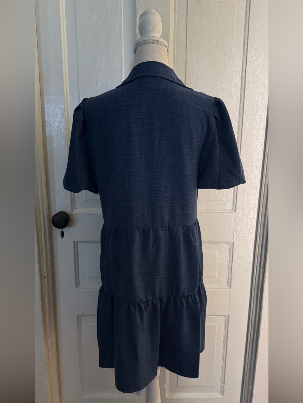DKNY Indigo Blue Tiered Mini Shirt Dress Puff Sleeve Collared A-Line Size 8 - Picture 5 of 12